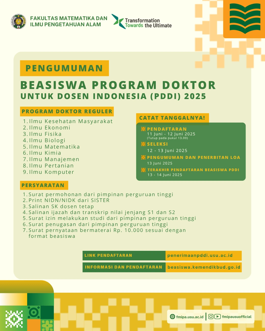 Telah Dibuka Beasiswa Program Doktor untuk Dosen Indonesia (PDDI) 2025 di Universitas Sumatera Utara